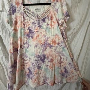 Torrid Soft Knit White Purple Coral Green Tie Dye Flowy Top